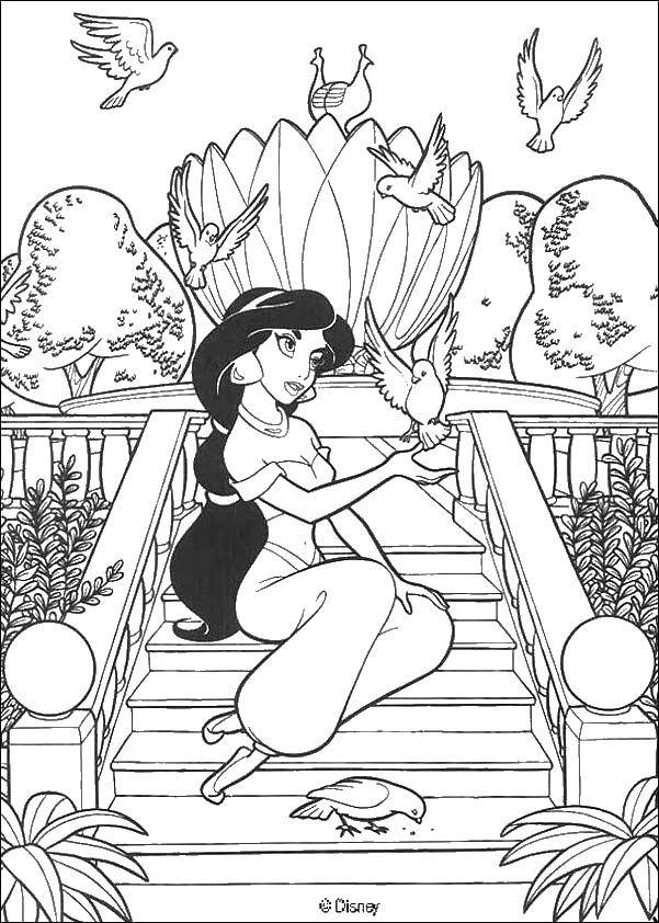 Название: Раскраска Принцесса в саду с голубями. Категория: Принцессы. Теги: принцесса, сад, голуби.