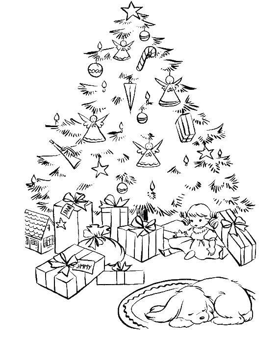 Название: Раскраска Щенок спит у елки. Категория: новый год. Теги: щенок, елка.