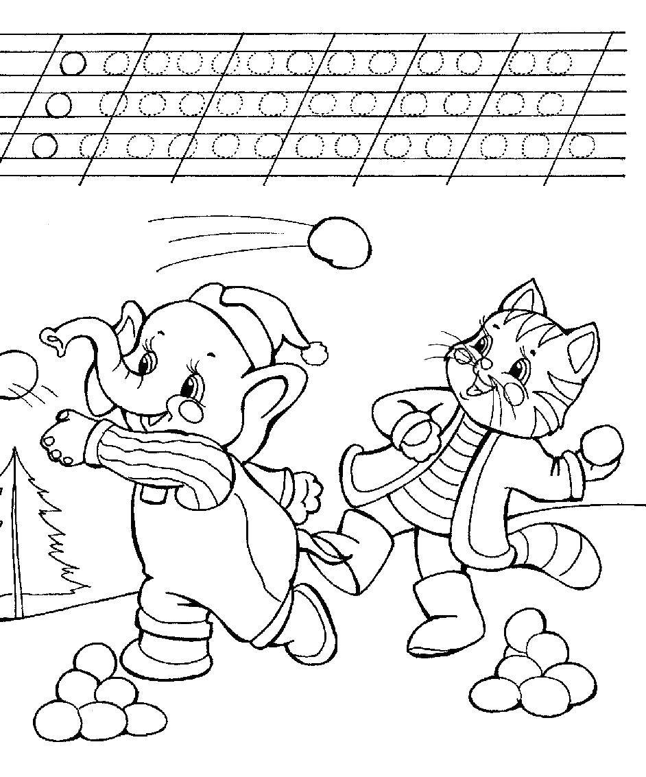 Coloring The elephant and the kitten playing in the snow. Category tracing. Tags:  Cursive, letters.