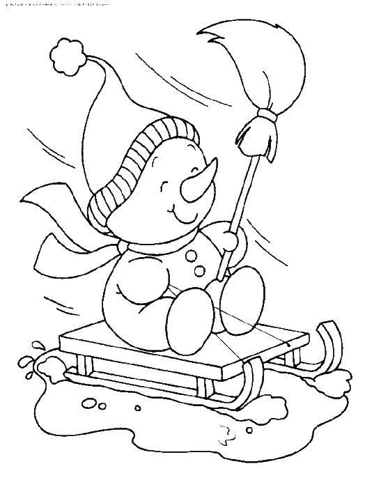 Coloring Snowman riding on the SLE. Category snowman. Tags:  snowman.