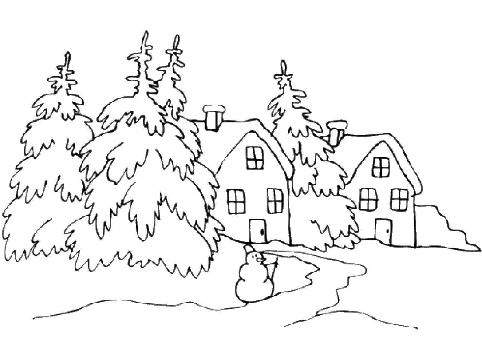 Название: Раскраска Снеговик перед домами. Категория: снег. Теги: снеговик, зима.