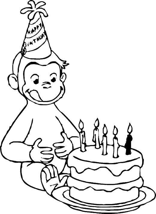 Название: Раскраска Торт и обезьянка. Категория: раскраски. Теги: обезьянка, торт, свечи.
