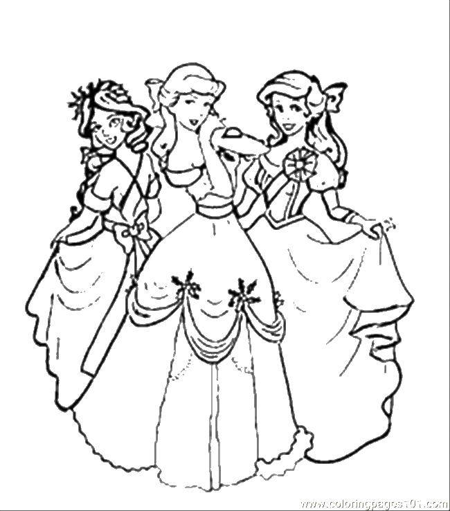 Название: Раскраска Три принцессы. Категория: Принцессы. Теги: принцессы, платья, цветы.