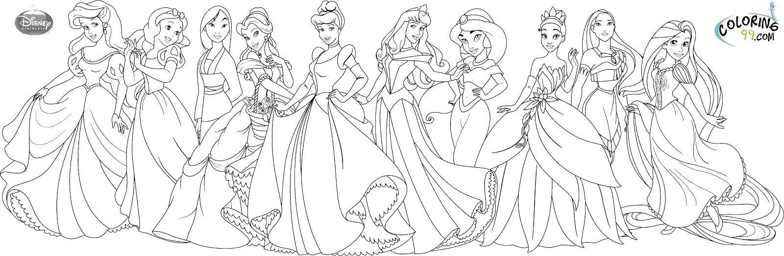 Название: Раскраска Все принцессы диснея. Категория: Принцессы. Теги: принцессы, дисней.