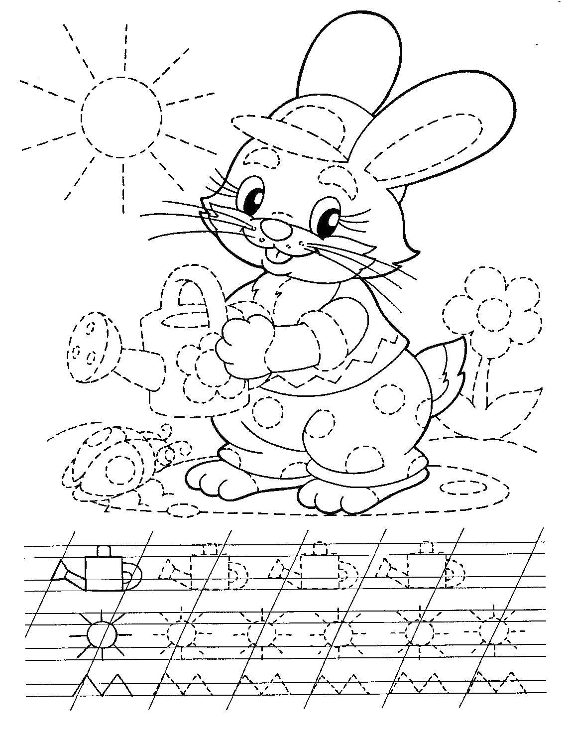 Coloring Bunny with watering can. Category tracing. Tags:  Cursive, letters.
