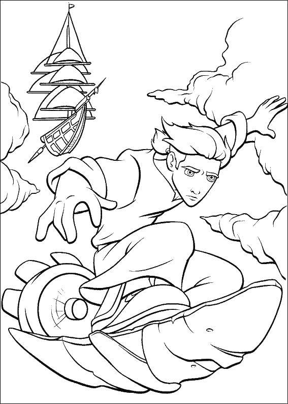 Coloring Aladdin and the flying ship. Category Disney coloring pages. Tags:  Aladdin , ship, clouds.
