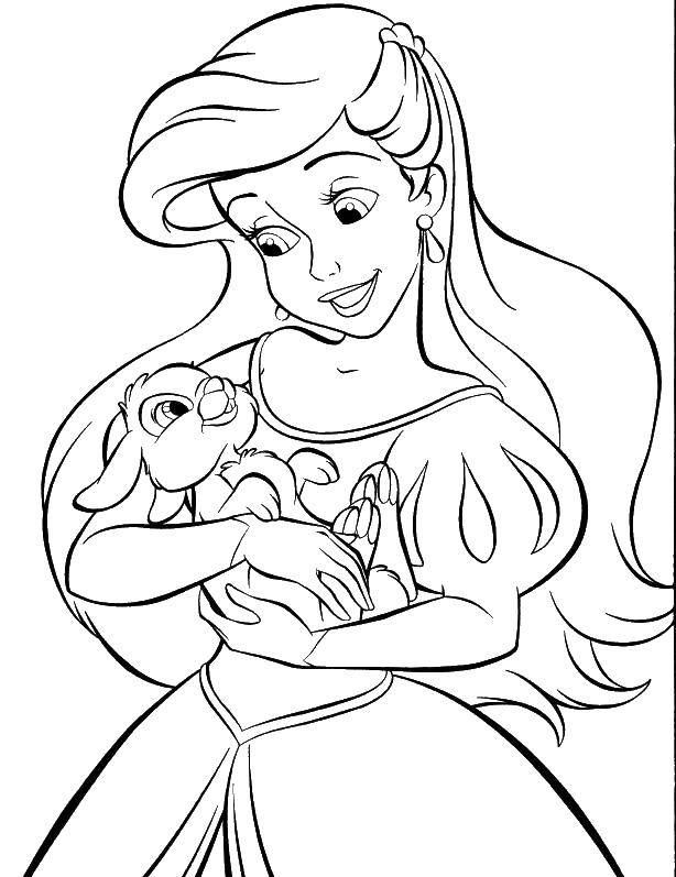 Coloring Ariel holds the Bunny. Category Disney cartoons. Tags:  Disney, the little mermaid, Ariel.