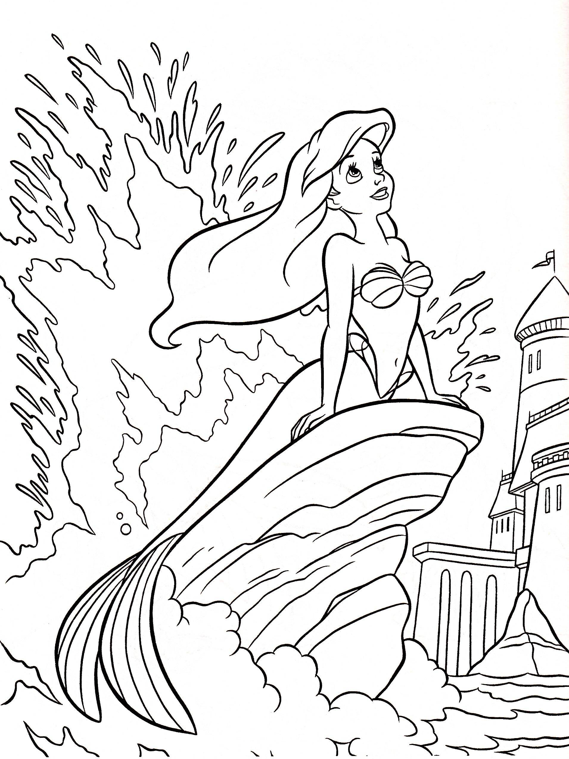 Coloring Ariel and waves. Category Disney coloring pages. Tags:  Ariel, stone, mermaid.