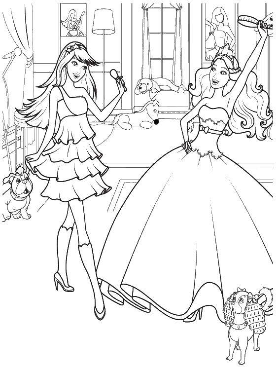 Название: Раскраска Барби танцуют с расческами. Категория: Для девочек. Теги: барби, принцесса.