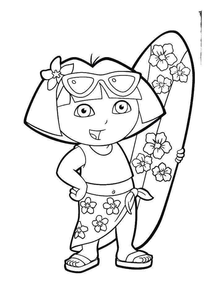 Coloring Dora and surfboard. Category Dasha traveler. Tags:  Dasha, swimsuit, Board, goggles.