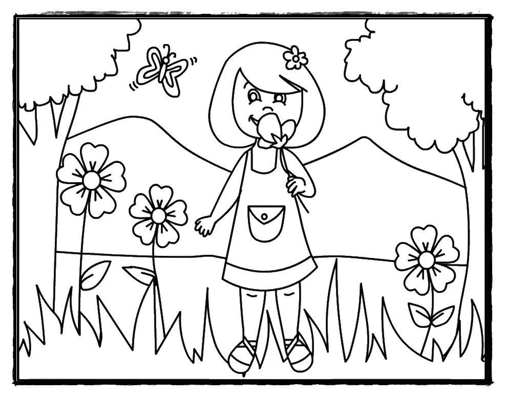 Название: Раскраска Девочка и цветы. Категория: Лето. Теги: девочка, цветы, платье, бабочка.