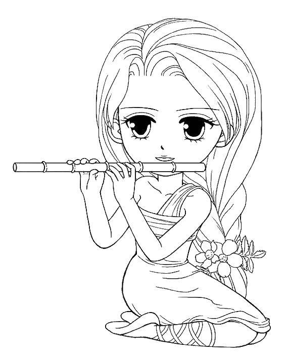 Coloring Girl playing the flute. Category For girls. Tags:  girl, flute.