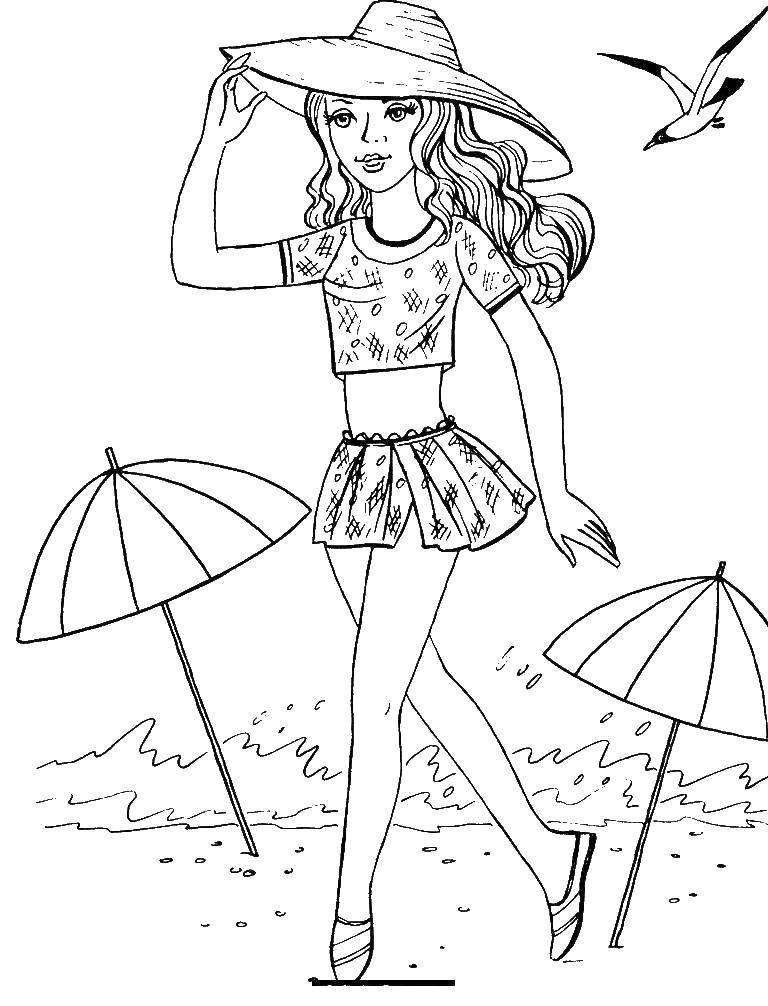 Название: Раскраска Девушка в шляпе гуляет по пляжу. Категория: Для девочек. Теги: пляж, шляпа.