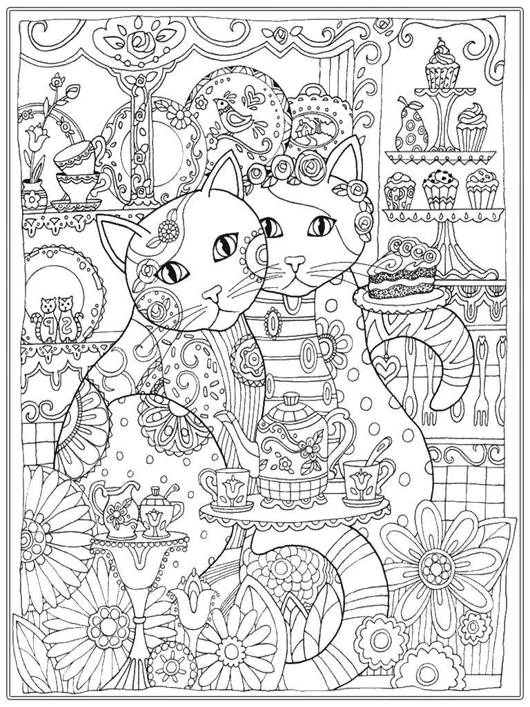Coloring Two cats and a pastry shop. Category For teenagers. Tags:  cat, Cup, cupcakes, kettle.