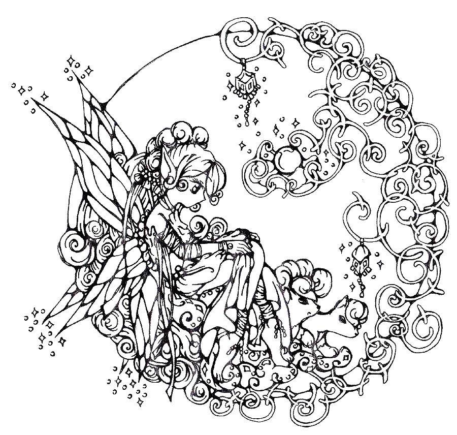 Coloring The fairy and the moon. Category fairies. Tags:  fairy, moon, wings.