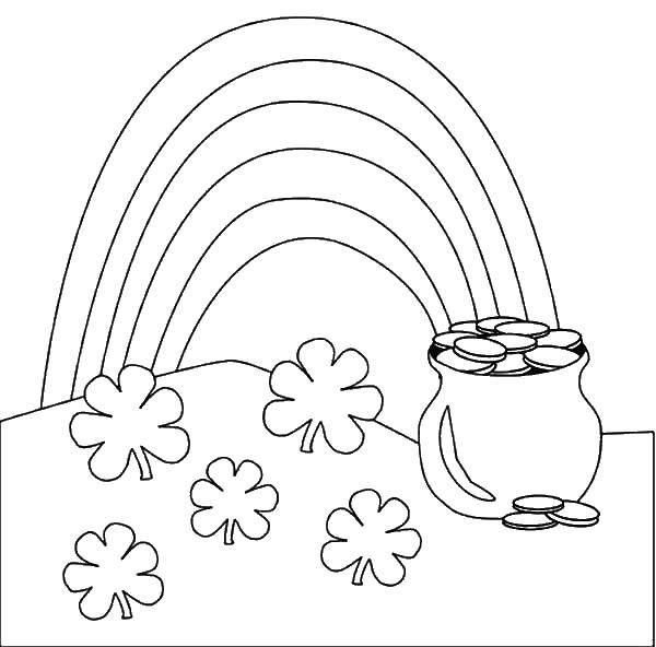 Coloring Горшочек с золотом леприкона и клевер с радугой. Category праздник. Tags:  День Святого Патрика, прадзник.