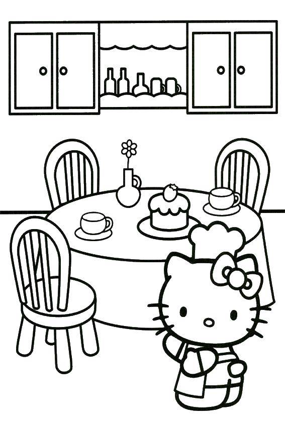 Название: Раскраска Hello kitty и кухня. Категория: Hello Kitty. Теги: Hello Kitty, стол, стулья, торт, фартук.