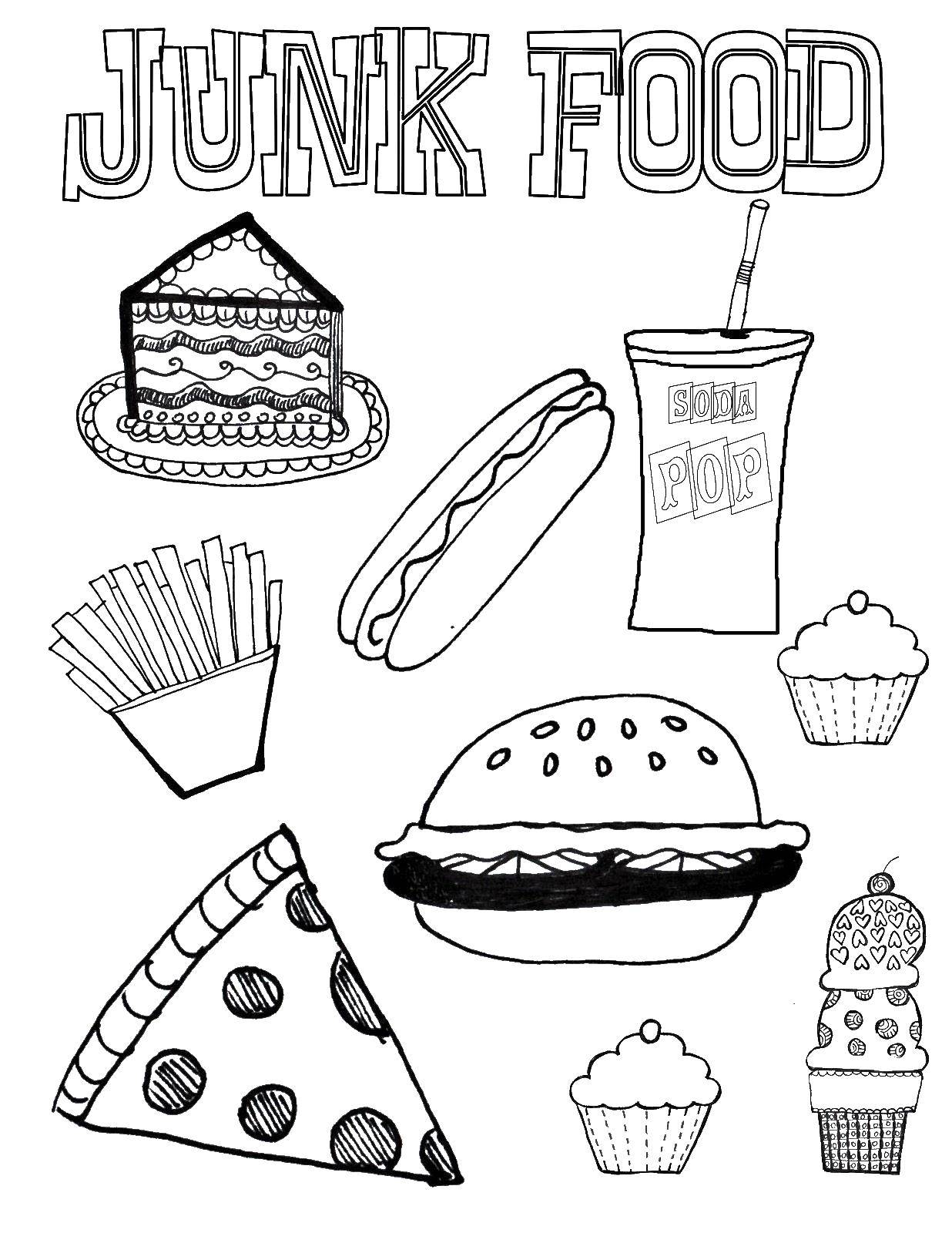 Coloring Calorie food. Category the food. Tags:  high-calorie food.