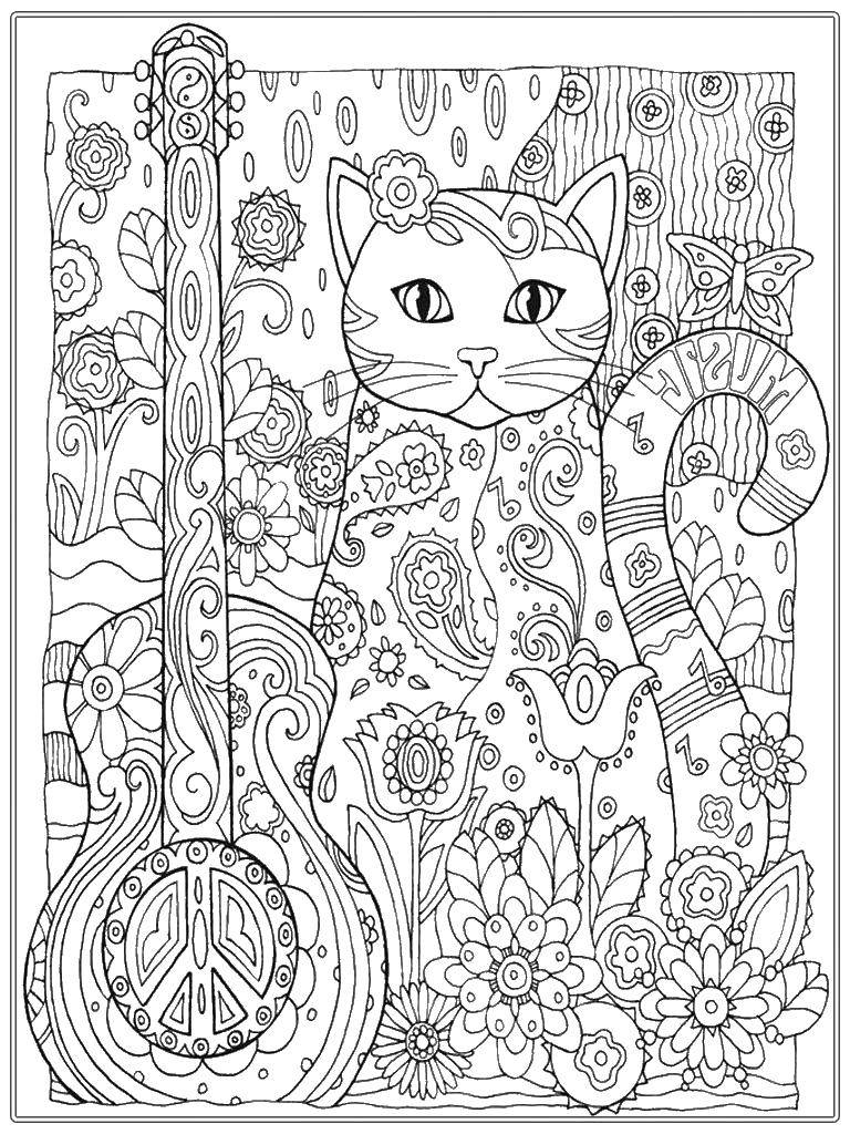 Coloring The cat and the guitar. Category For teenagers. Tags:  the cat , a guitar, flowers.