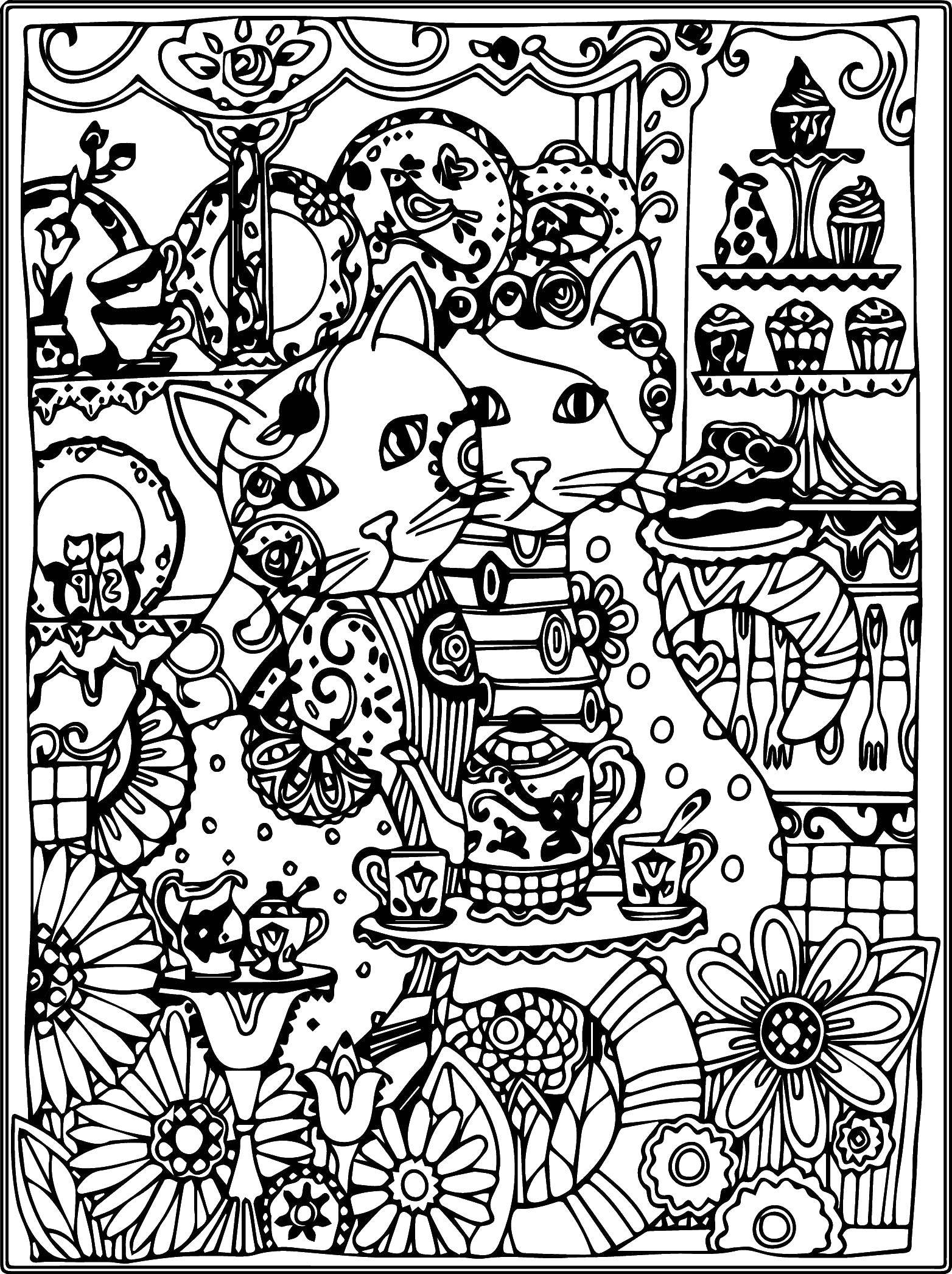Coloring Cat in a candy store. Category For teenagers. Tags:  cat, Cup, cupcakes, kettle.