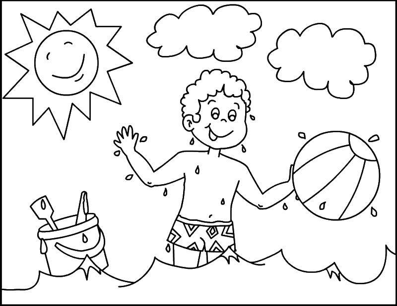 Название: Раскраска Мальчик в воде. Категория: Лето. Теги: мальчик, солнце, мяч, ведро, лопата.