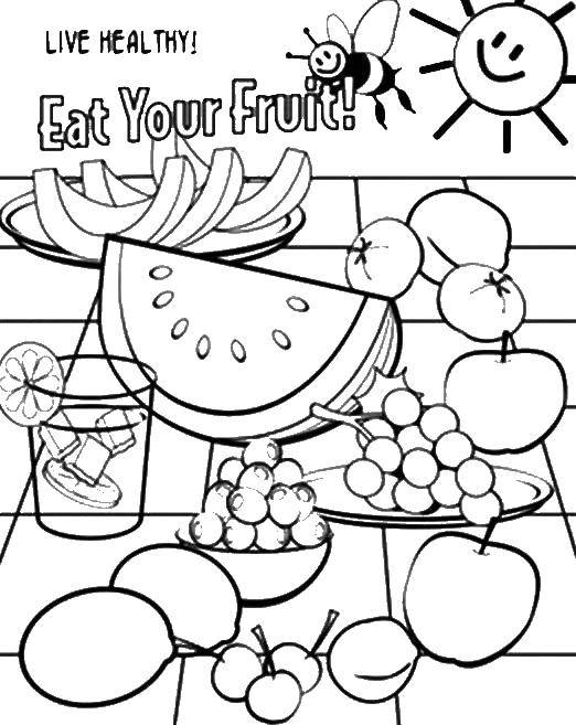 Название: Раскраска Пикник с фруктами. Категория: еда. Теги: фрукты, арбуз.