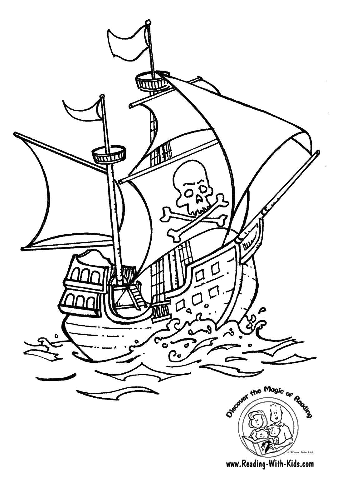 Название: Раскраска Пиратский корабль. Категория: корабль. Теги: корабль, море, пираты, волны.