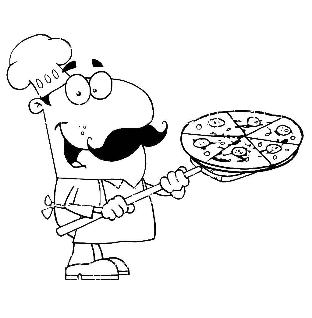 Название: Раскраска Шеф приготовил пиццу. Категория: Еда. Теги: шеф, пицца.