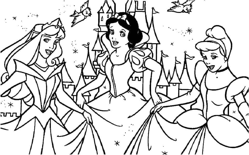 Coloring Aurora and snow white, Cinderella at the castle. Category Disney coloring pages. Tags:  Aurora, Snow white, Cinderella.