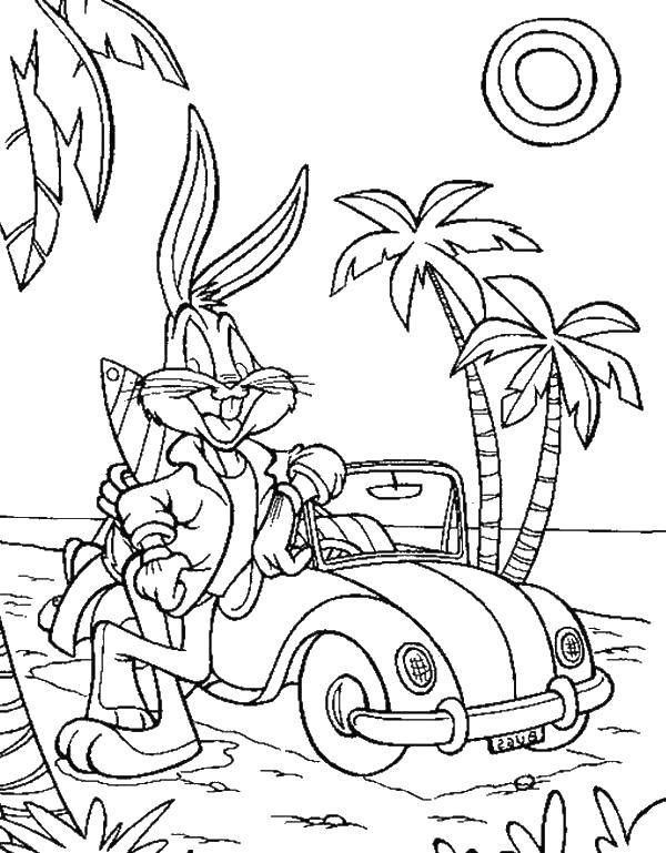 Coloring Bugs Bunny on the car. Category Summer beach. Tags:  bugs Bunny, beach, car.