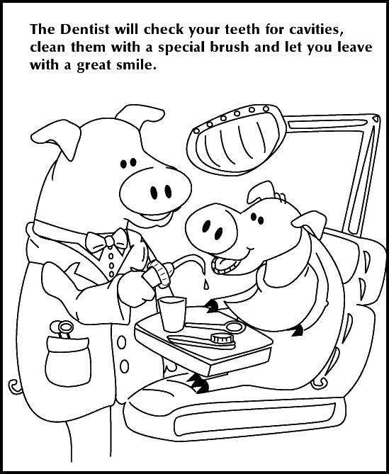 Название: Раскраска Дантист и свинья. Категория: Уход за зубами. Теги: свинья, зубы, кресло.