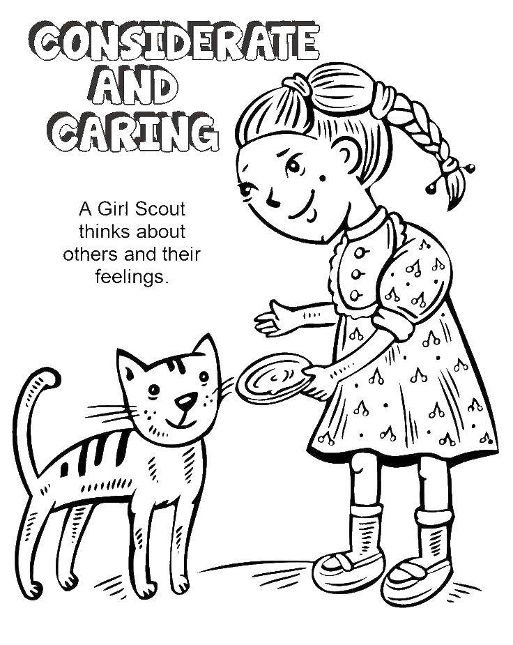 Coloring Girl feeding a cat milk. Category children. Tags:  girl, cat.
