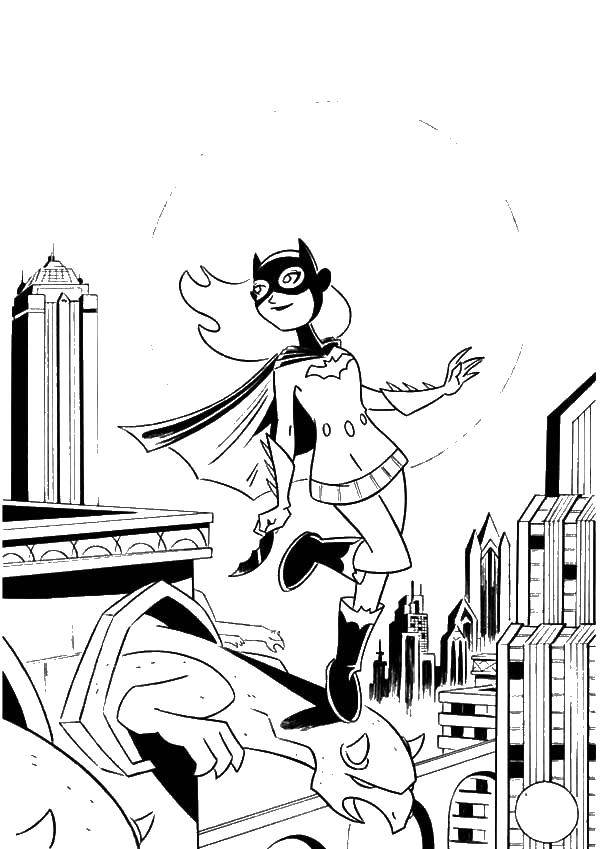 Название: Раскраска Девушка бэтмен на крыше здания. Категория: бэтмен. Теги: девушка, бэтмен.
