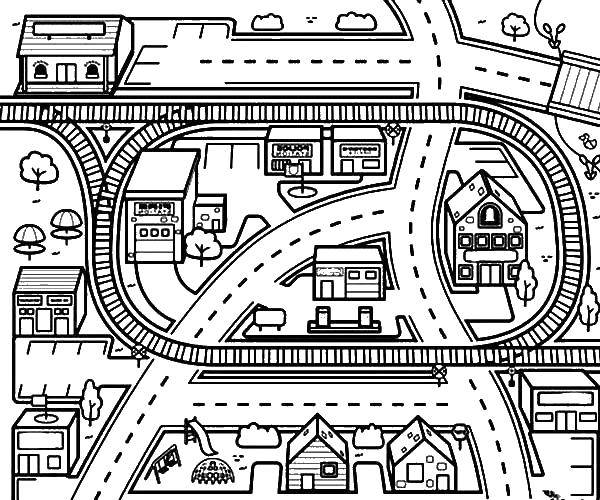 Coloring Road and city. Category The city. Tags:  road, house, trees.