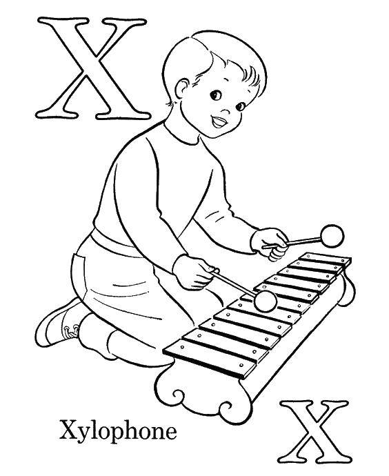 Название: Раскраска Мальчик играет на ксилофоне. Категория: Английский алфавит. Теги: Мальчик, ксилофон.