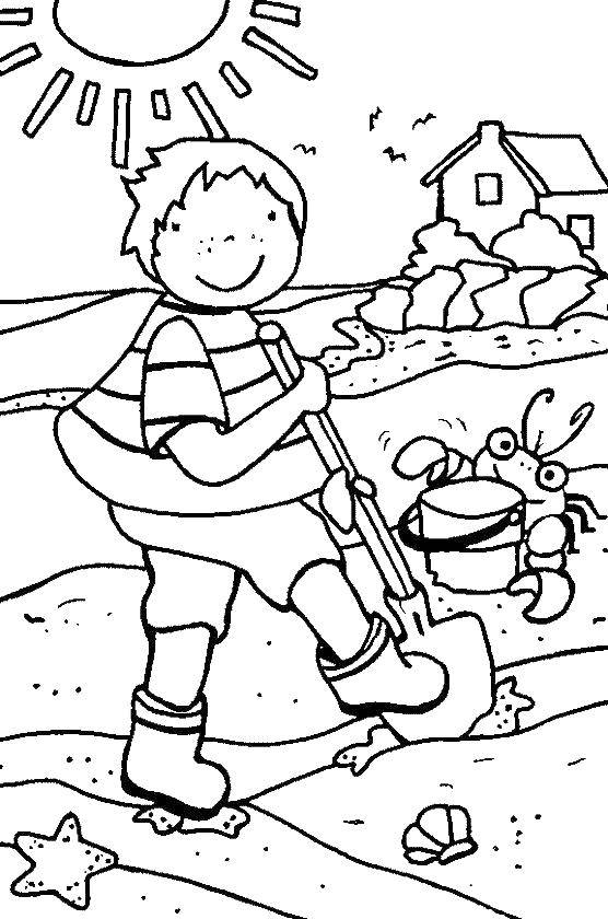 Название: Раскраска Мальчик копает лопатой. Категория: Летний пляж. Теги: мальчик, пляж, песок.