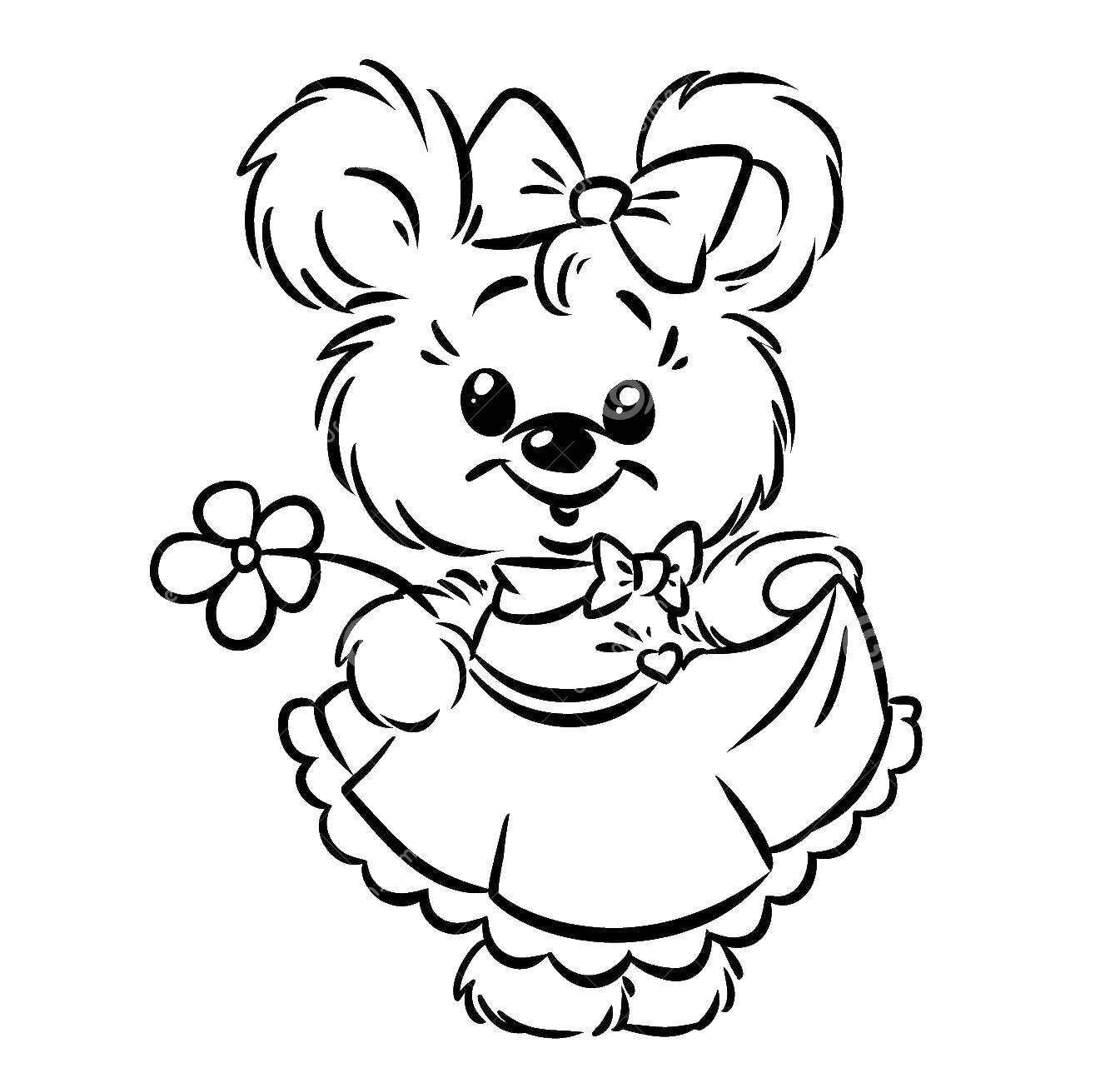 Название: Раскраска Маленькая девочка-меджвежонок с цветочком. Категория: Животные. Теги: Животные, мишка.