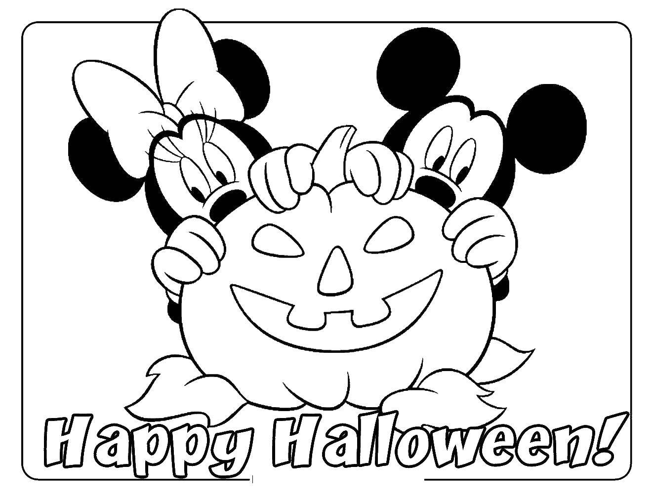 Coloring Mickey and Minnie mouse hid behind the pumpkin. Category Halloween. Tags:  Mickymaus, Halloween.