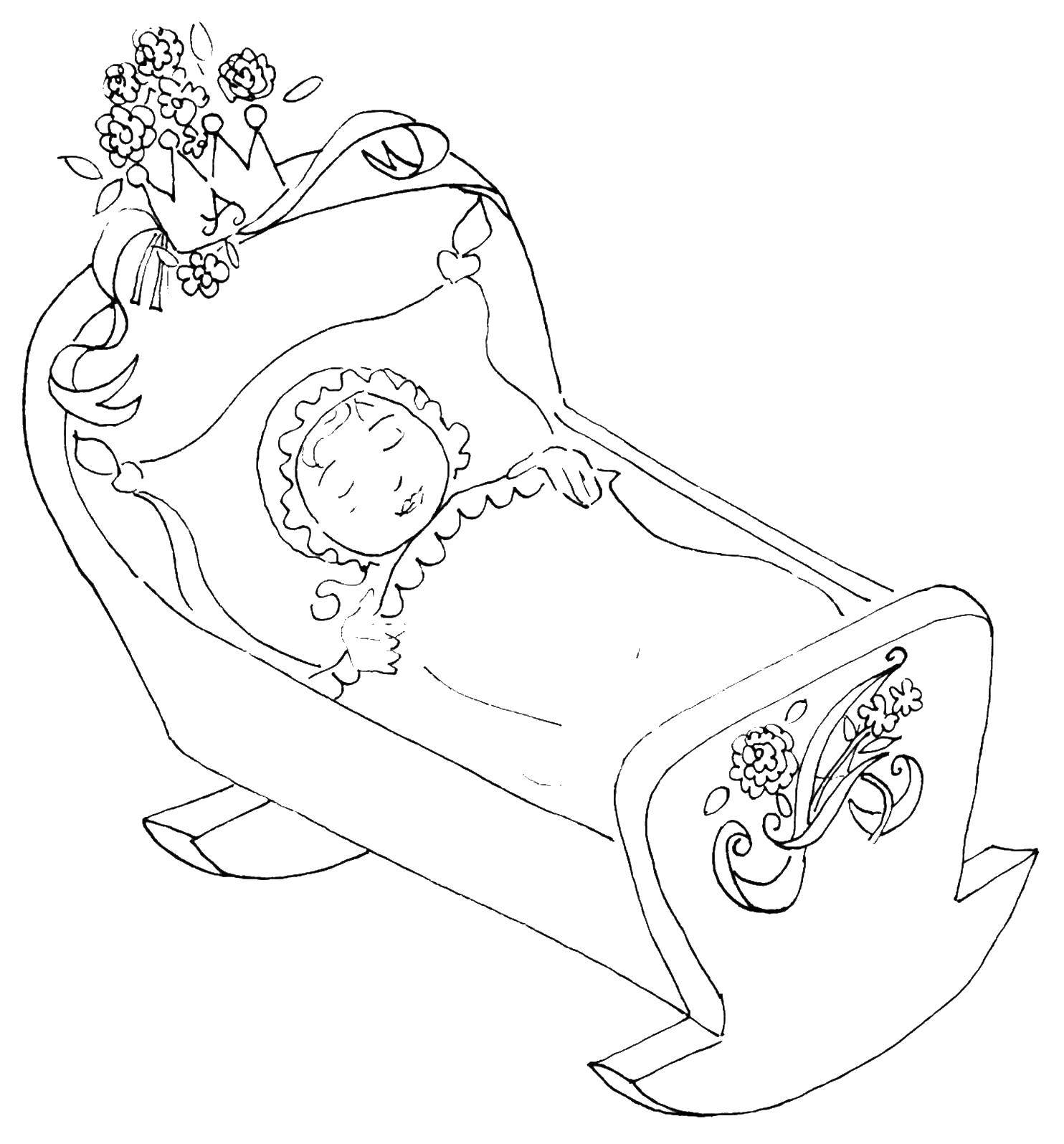 Coloring The baby in the cradle. Category children. Tags:  child, cradle, crown.