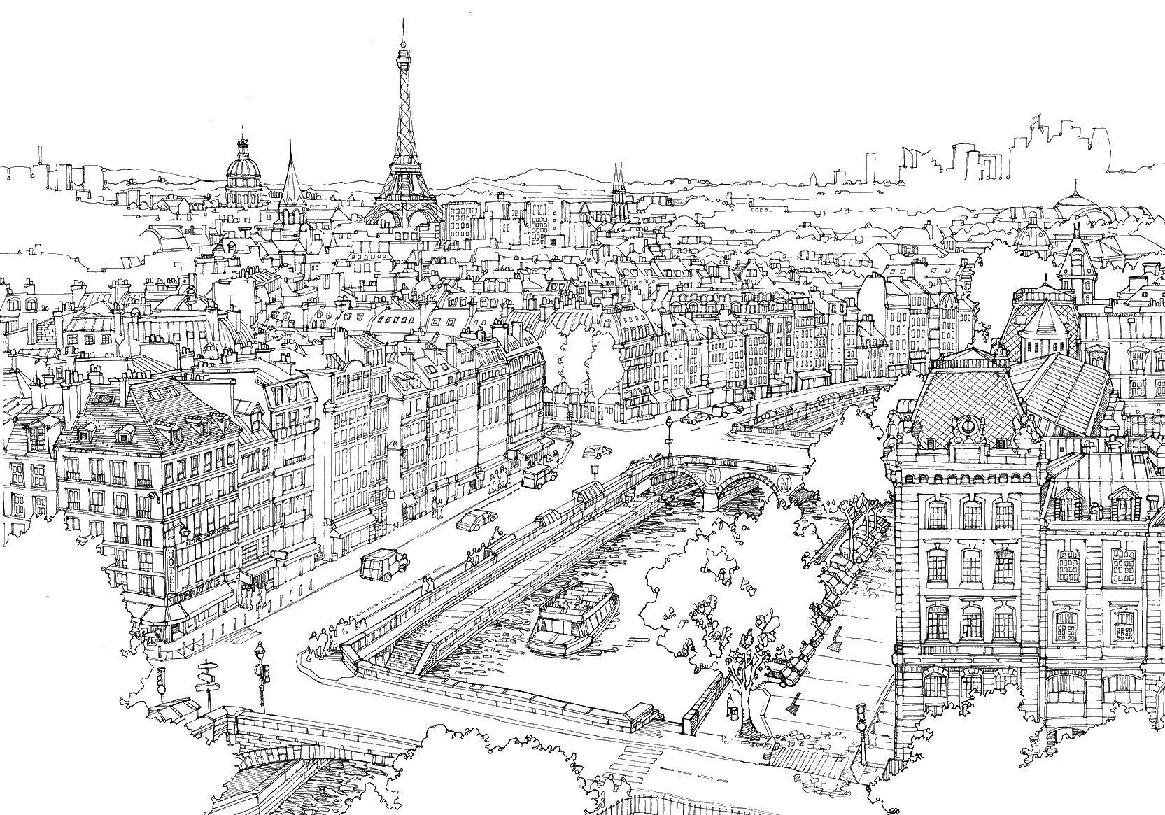 Название: Раскраска Париж. Категория: Город. Теги: город, дома, Эйфелева башня.