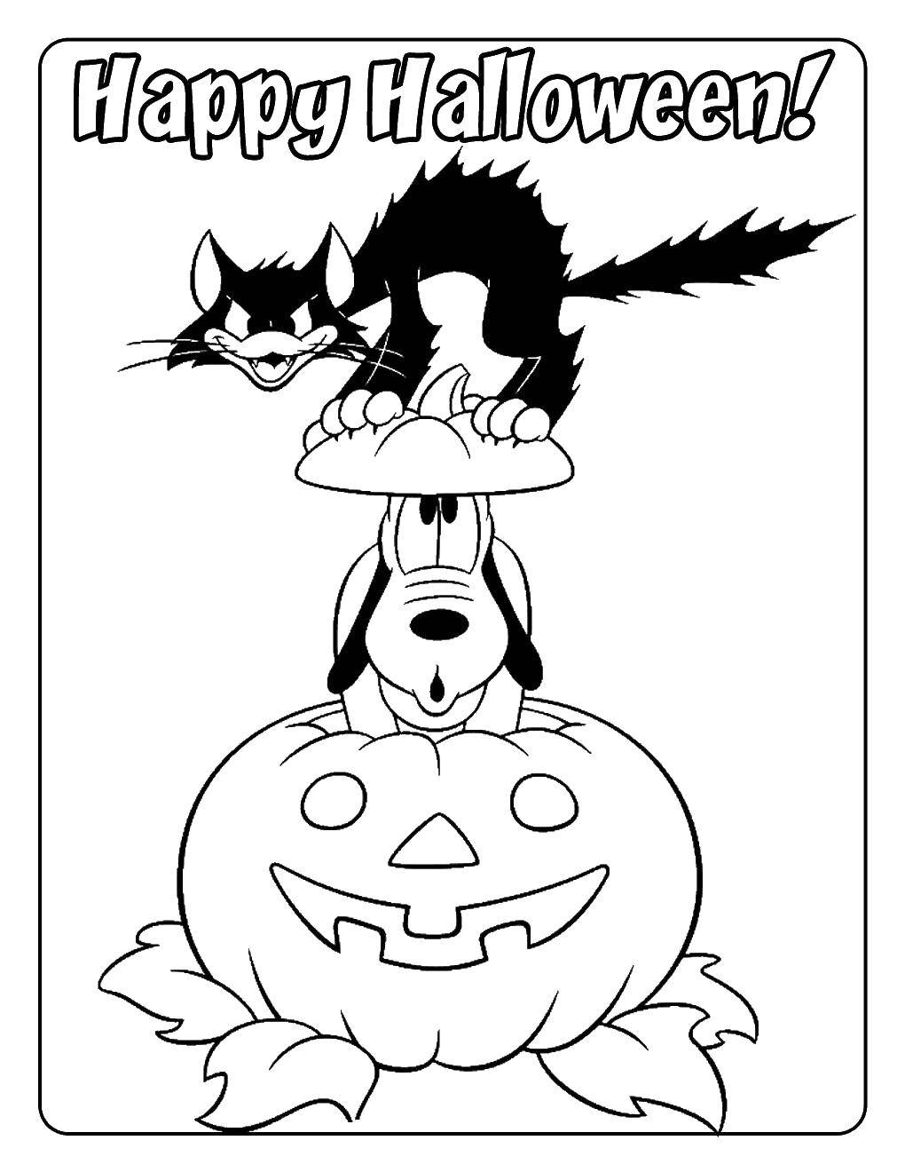 Название: Раскраска Плуто и кошка на хэллоуин. Категория: Хэллоуин. Теги: Хэллоуин, плуто, кошка.