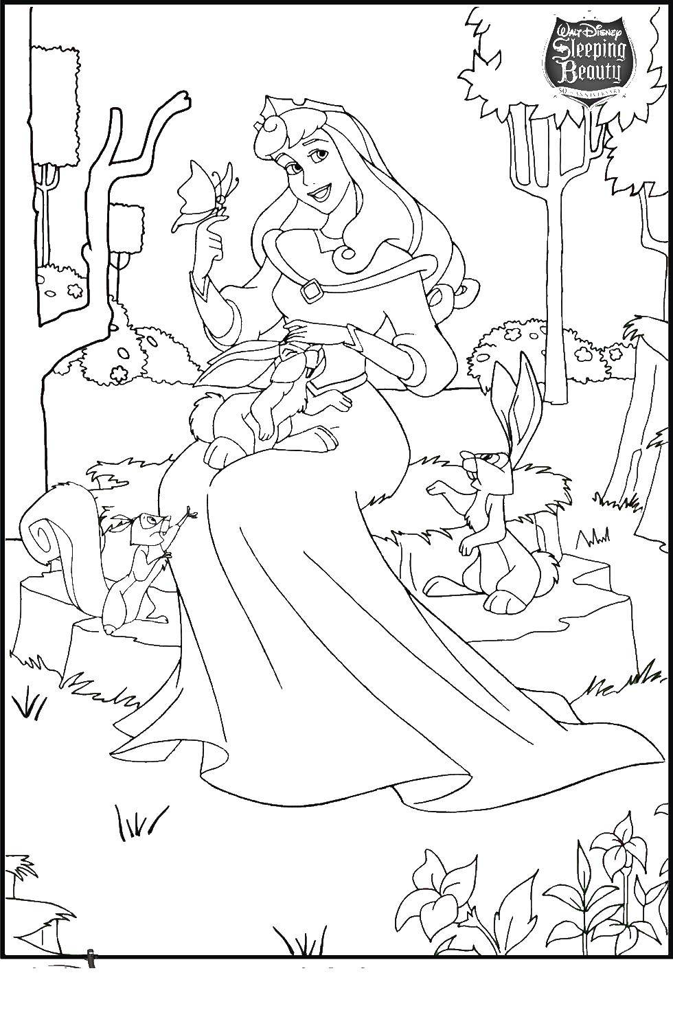 Название: Раскраска Принцесса аврора с животными. Категория: Диснеевские раскраски. Теги: аврора, принцесса.