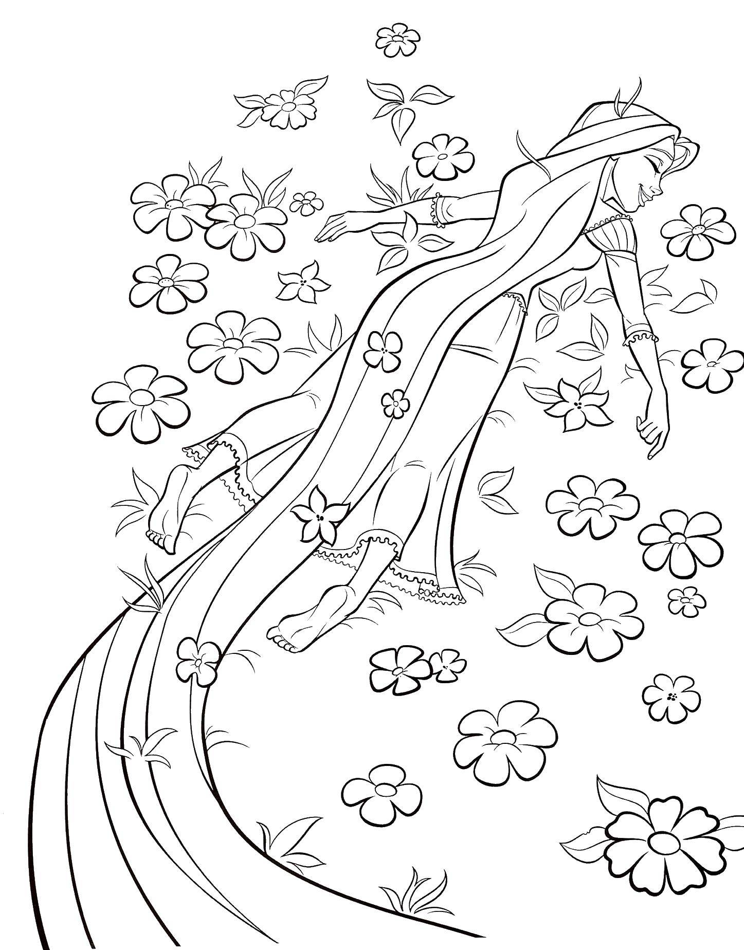 Coloring Rapunzel and flowers. Category Princess. Tags:  Princess, Rapunzel, hair, flowers.