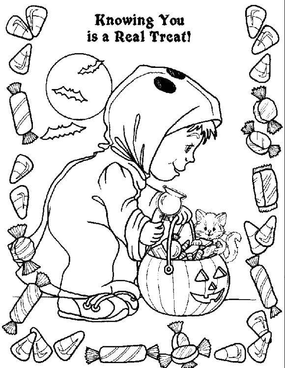 Coloring A child Ghost with a bucket of candy. Category Halloween. Tags:  ghosts, Halloween.