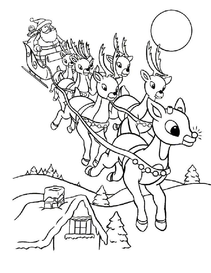 Coloring Santa flying with reindeer. Category Christmas. Tags:  Santa Claus, Christmas.
