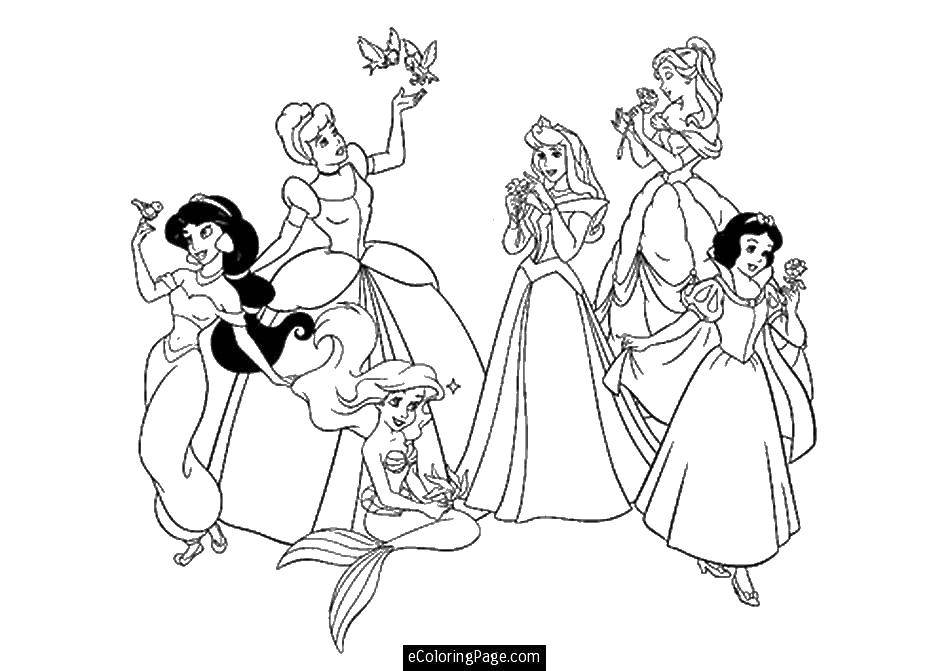 Название: Раскраска Шесть принцесс диснея. Категория: Диснеевские мультфильмы. Теги: принцессы, мультфильмы, сказки, Дисней.