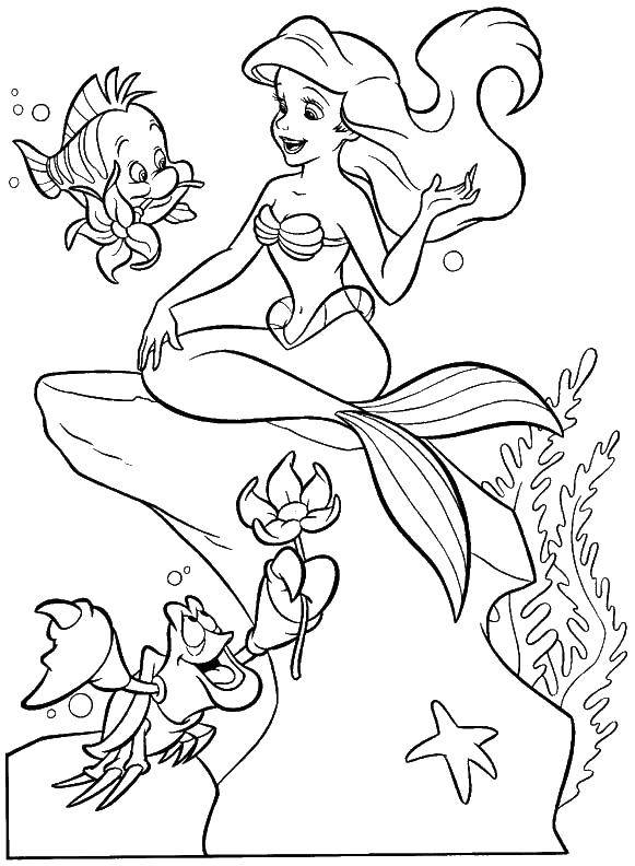 Coloring Ariel with fish. Category The little mermaid. Tags:  the little mermaid, Ariel, fish, tale.