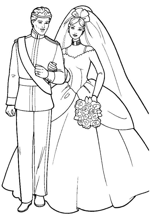 Название: Раскраска Барби на своей свадьбе. Категория: Свадьба. Теги: Свадьба, платье, жених, невеста.