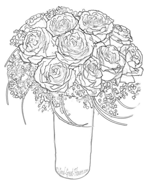 Название: Раскраска Букет роз в вазе. Категория: Цветы. Теги: Цветы, букет, ваза, розы.