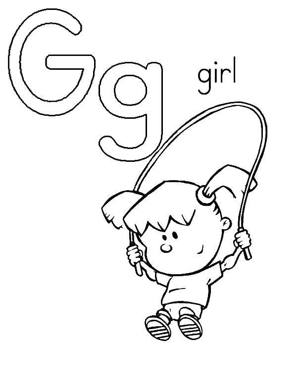 Название: Раскраска Девочка прыгает. Категория: Английский алфавит. Теги: девочка, скакалка.